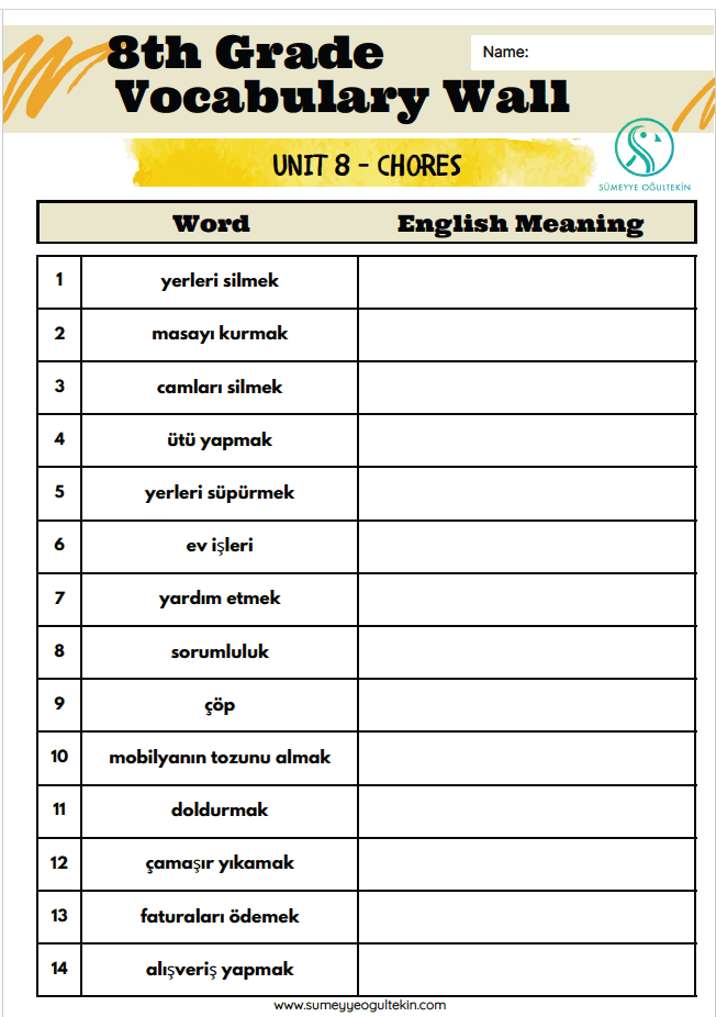 8.8 Chores VOCABULARY Exercise